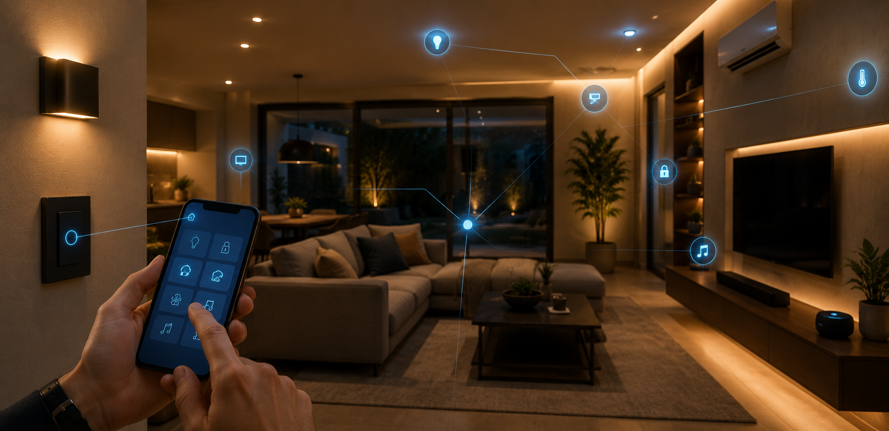 Ambiente residencial moderno com automação e casa inteligente