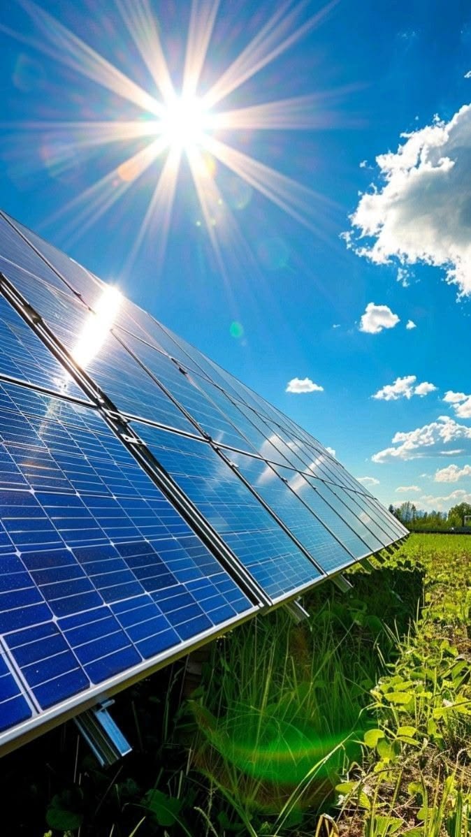 Painéis solares fotovoltaicos gerando energia ao pôr do sol