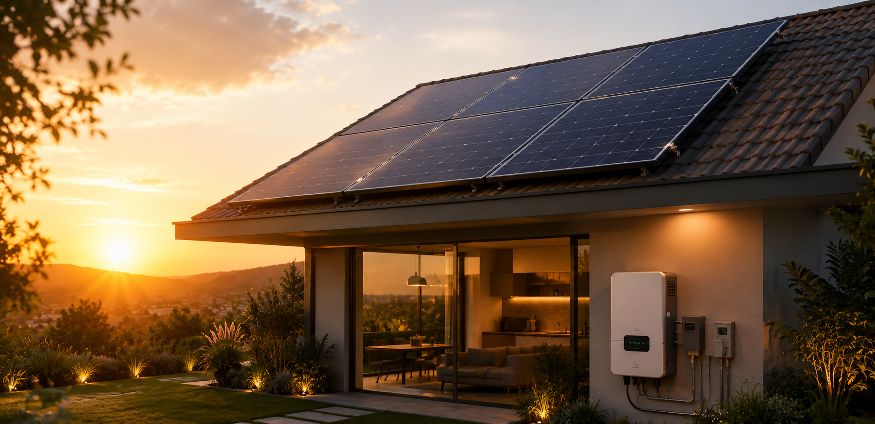 Painéis solares fotovoltaicos instalados em telhado residencial